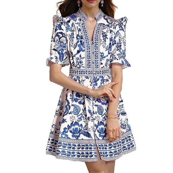 LAI MENG FIVE CATS Women Button Up Short Puff Sleeve Mini Dress Sz: XL Blue/Wht - Picture 5 of 15